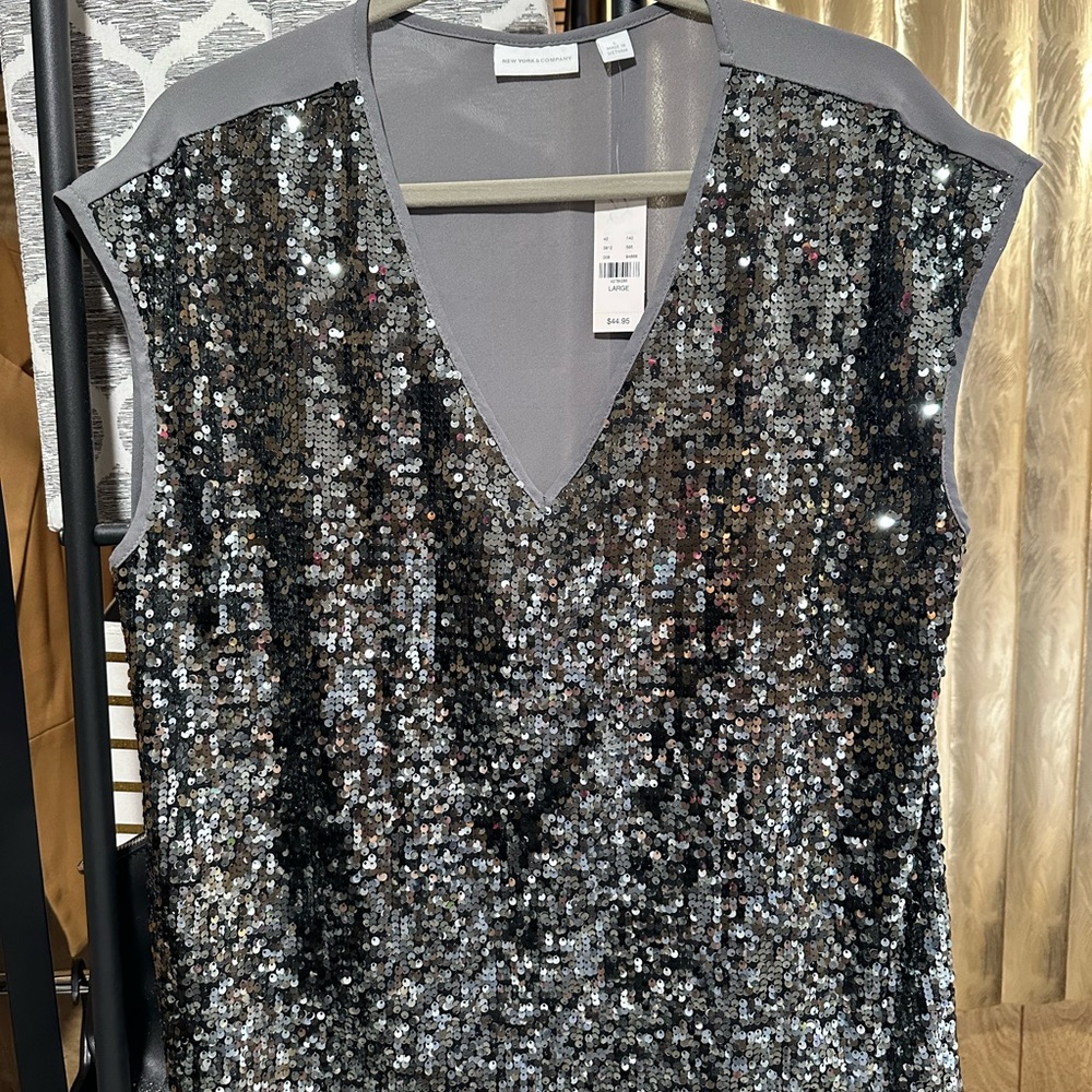 Silver & Grey Sequin V-Neck Blouse